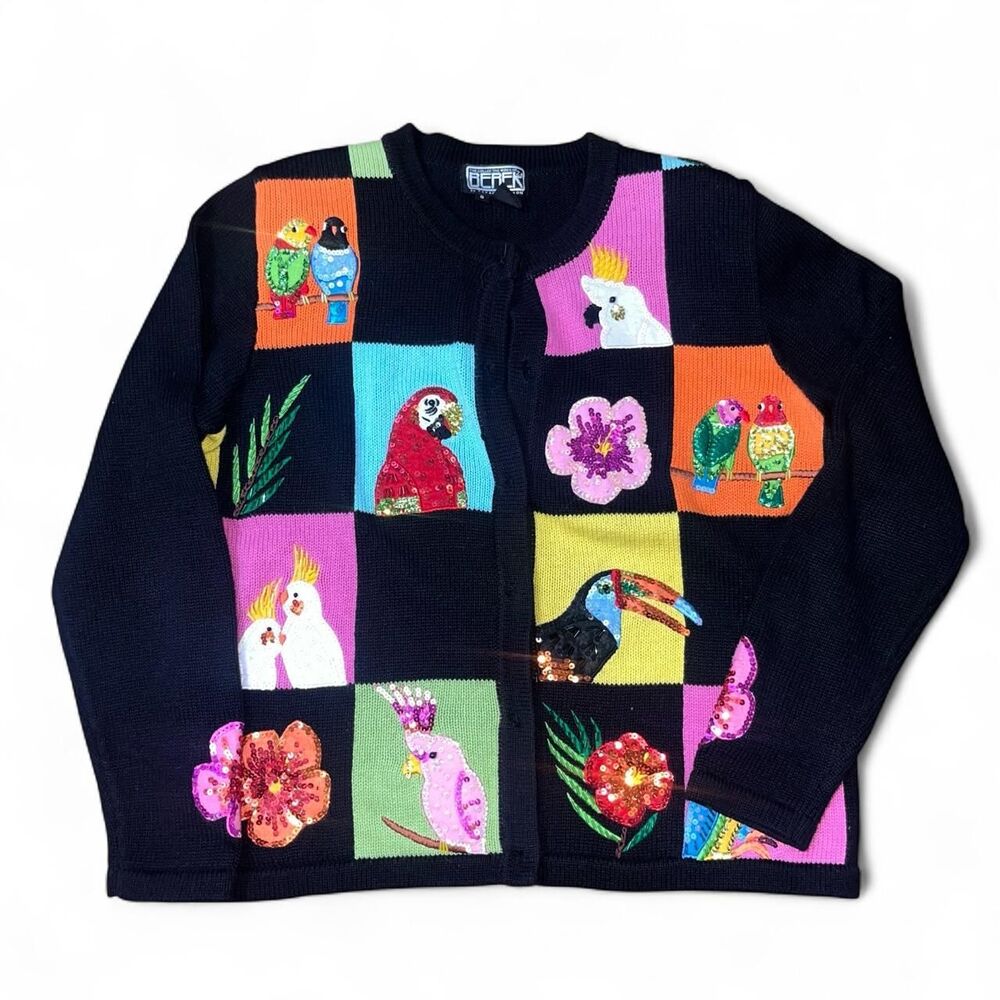 VIntage 1990s Berek 2 Women's Black Multicolored Birds and Flowers Cardigan SZ S